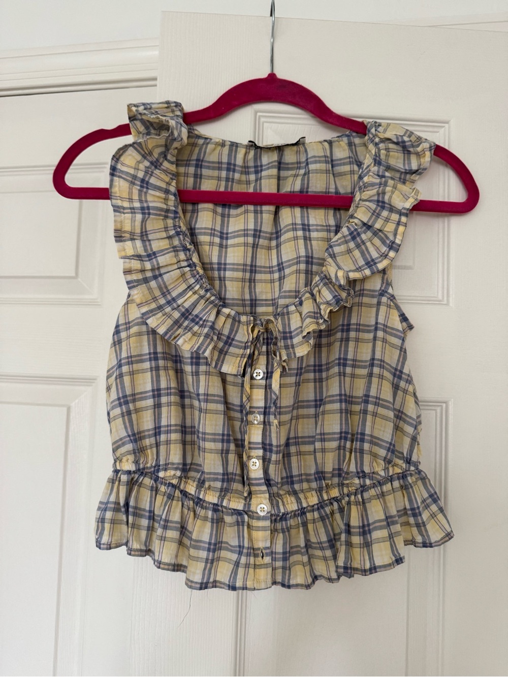 Plaid Ruffle Button-Front doen inspired top 100% cotton